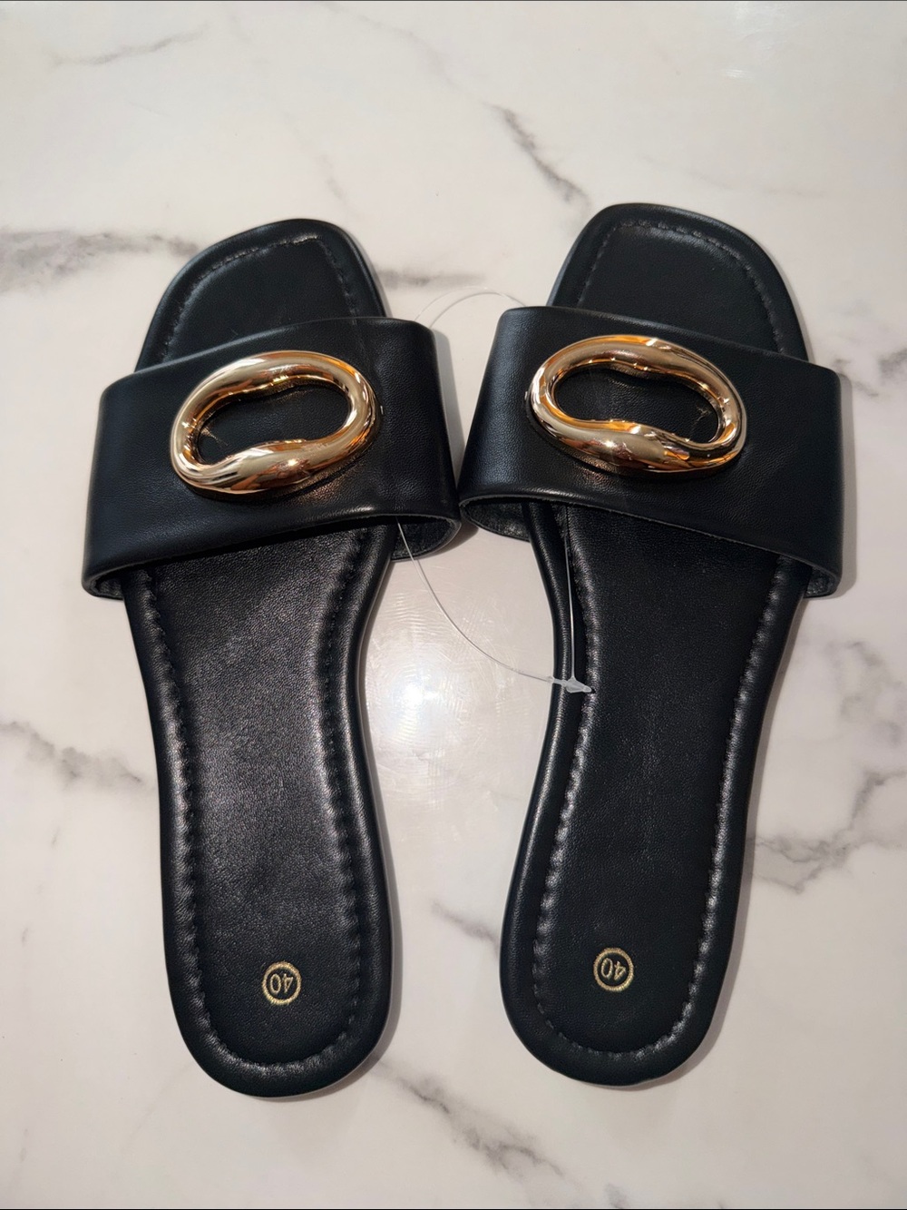 Black Slide Sandals with Gold Accent - Women